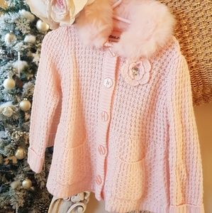 Pink crochet button-up flower faux fur sweater 3t